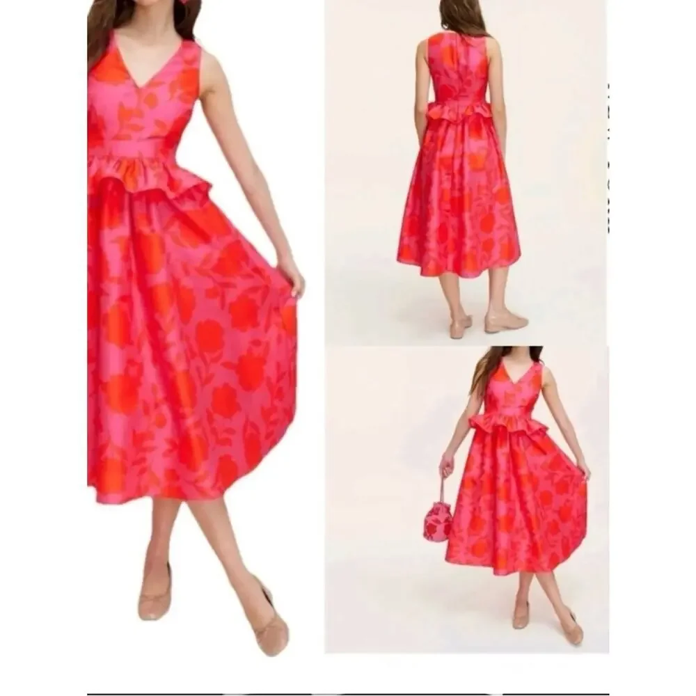 NWT Kate Spade Midi Dress V-Neck Classic Rose Peplum Pink Size 2